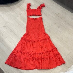 Red Eyelet Two-Piece Smocked Maxi Dress